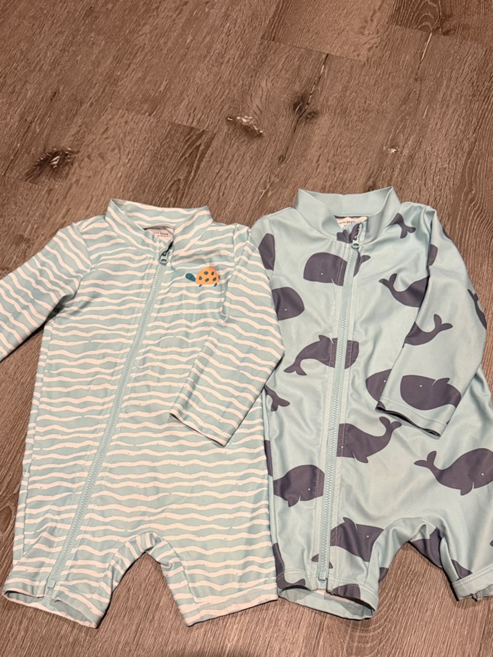 Light Blue Kids' Rash Guard Swimsuits with Whale and Stripe Designs